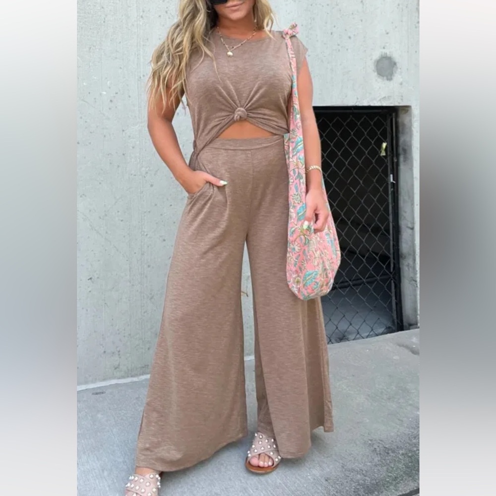 Boutique Open Front Wide Leg Jumpsuit Red Brown Medium - Picture 6 of 14